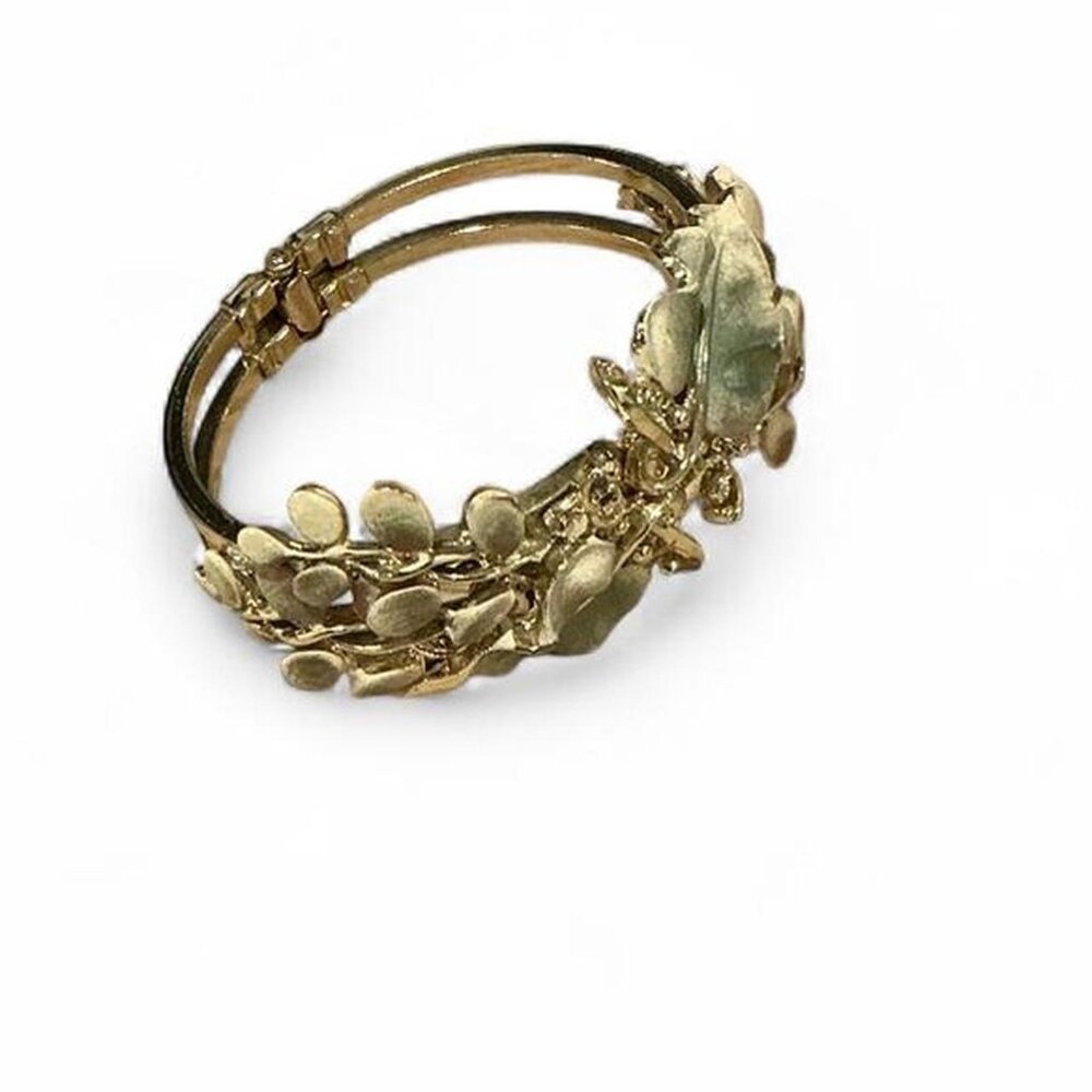 Vintage Gold Tone Leaf Floral Cuff Bracelet Green Enamel Botanical Nature - Picture 3 of 4